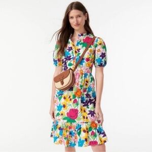 J Crew Vibrant Garden Print Floral Puff Sleeve Dress Sz 12P NWOT